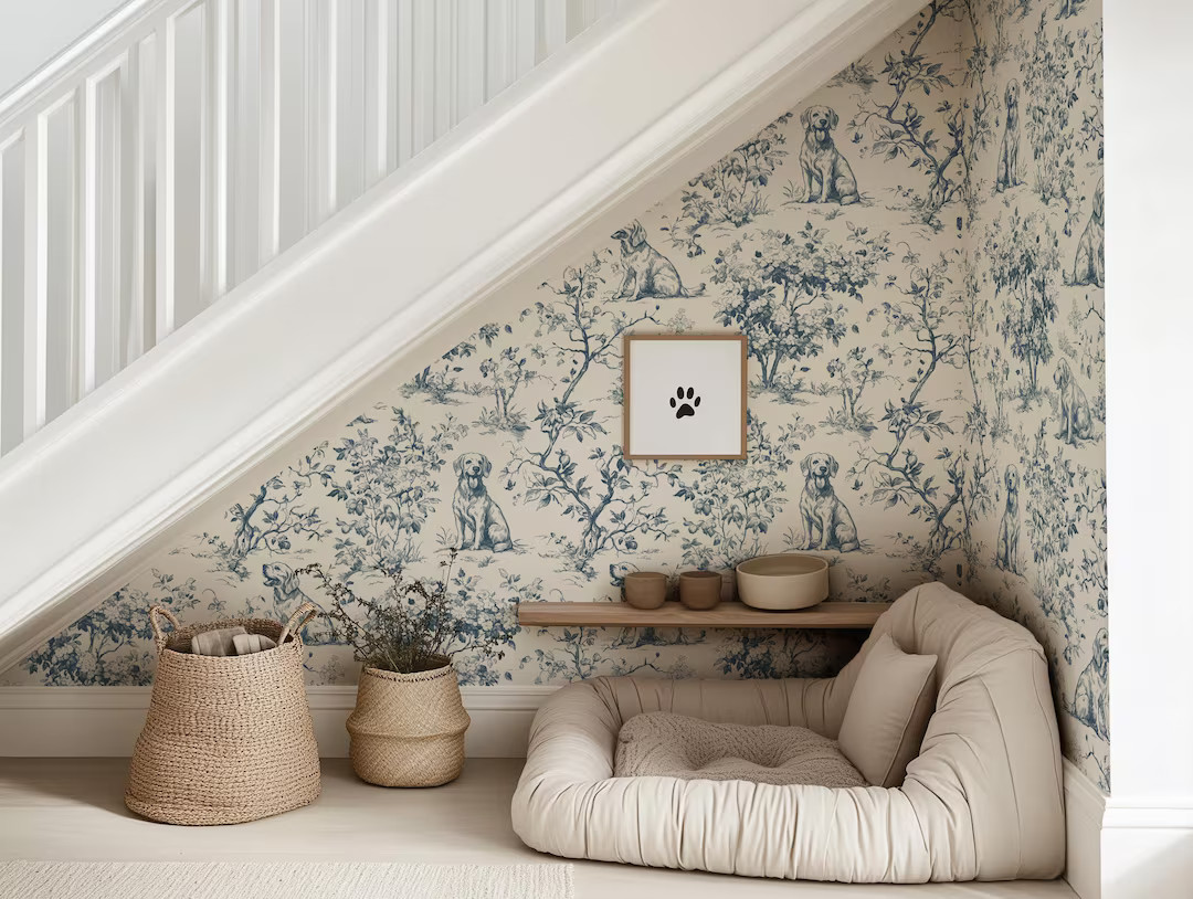 Dog Wallpaper, Whimsical Toile De Jouy Golden Retriever, Vintage Style Botanical | Peel & Stick, ... | Etsy (US)