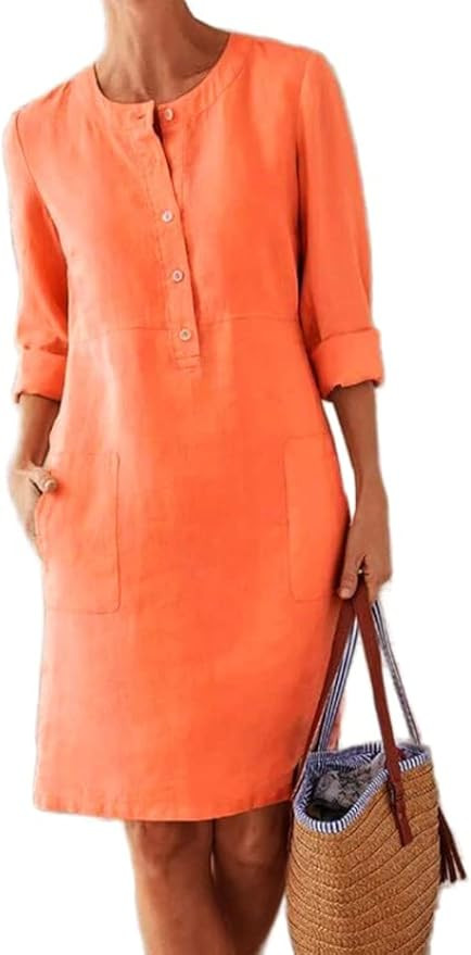Women's Linen Dress Casual Loose Comfortable Knee-Length Tshirt Dresses with Pockets for Plus Siz... | Amazon (US)