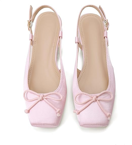 Women's Ballet Flats Slingbacks Square Toe Bow Knit Dressy Flat Shoes with Ankle Buckles Satin | Amazon (US)