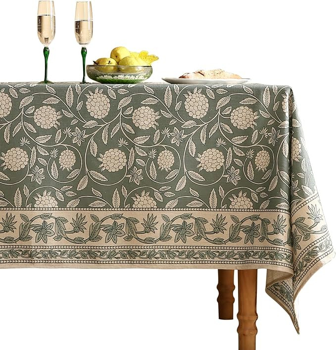 Grayish Green Tablecloth for Rectangular Tables,Linen Table Cloth with Light White Flowers Patter... | Amazon (US)