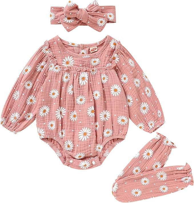 GRNSHTS Newborn Baby Girl Clothes Ruffle Solid Sweater Long Sleeve Romper+Hairband+Socks 3Pcs Fal... | Amazon (US)