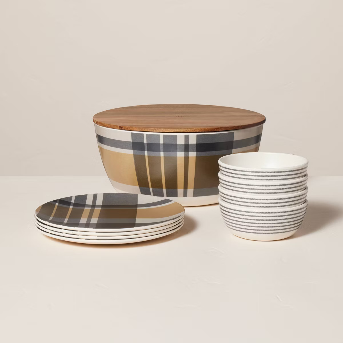 10pc Plaid & Stripe Bamboo-Melamine Picnic Set Tan/Blue/Cream - Hearth & Hand™ with Magnolia | Target