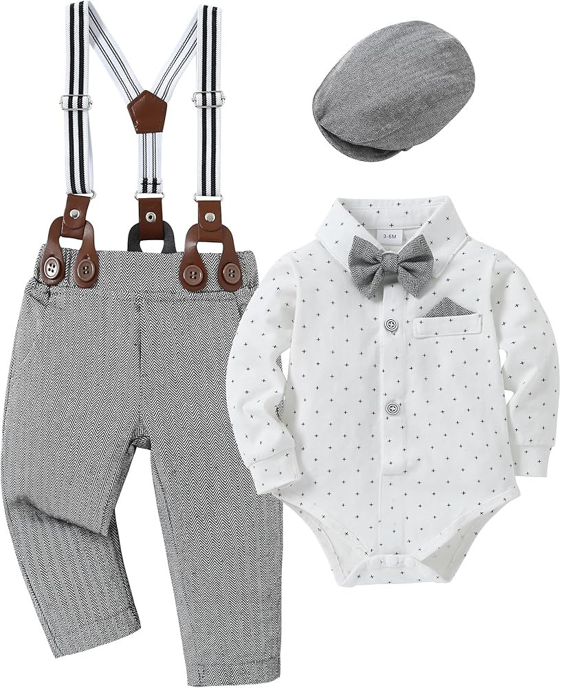 YALLET Baby Boy Clothes Set Infant Tuxedo Long Sleeve Gentleman Suit Outfits + Beret Hat + Suspen... | Amazon (US)