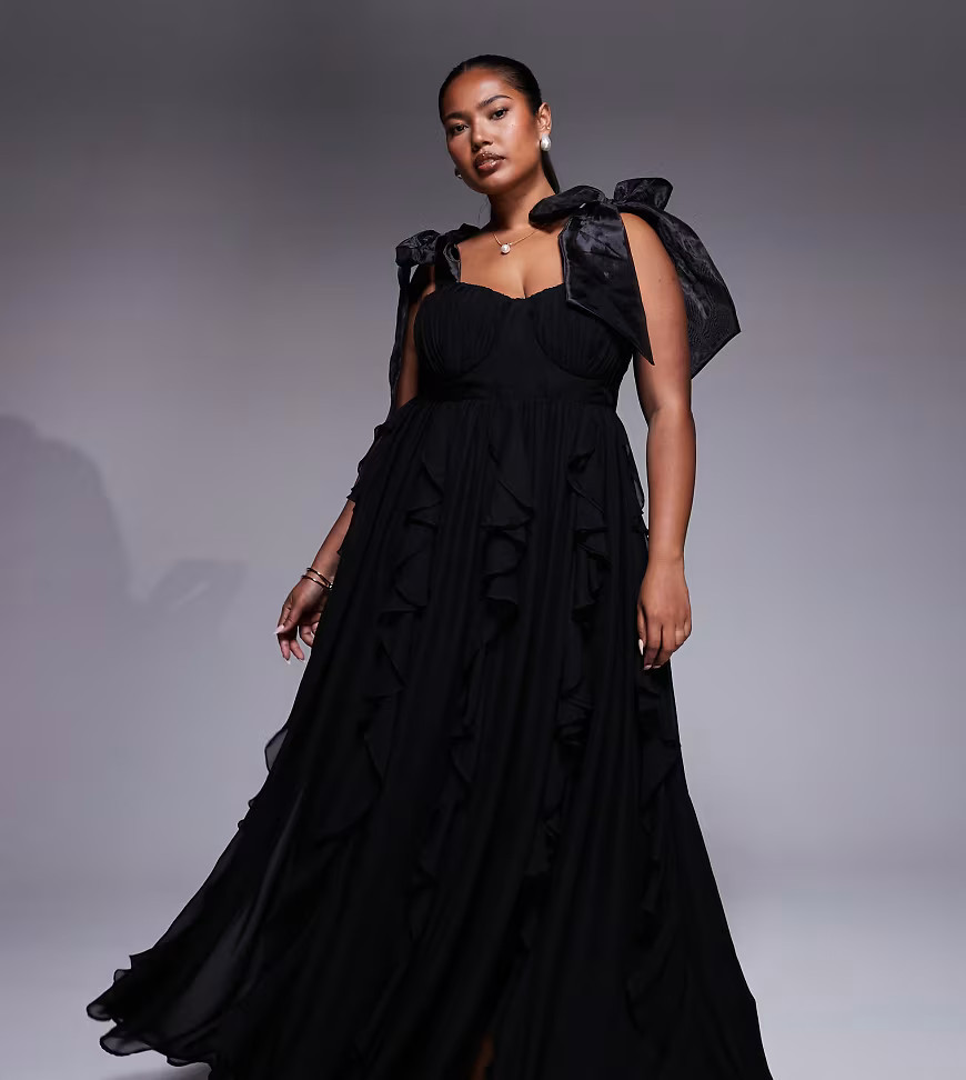 ASOS LUXE Curve maxi dress with waterfall ruffles and tie straps in black | ASOS (Global)