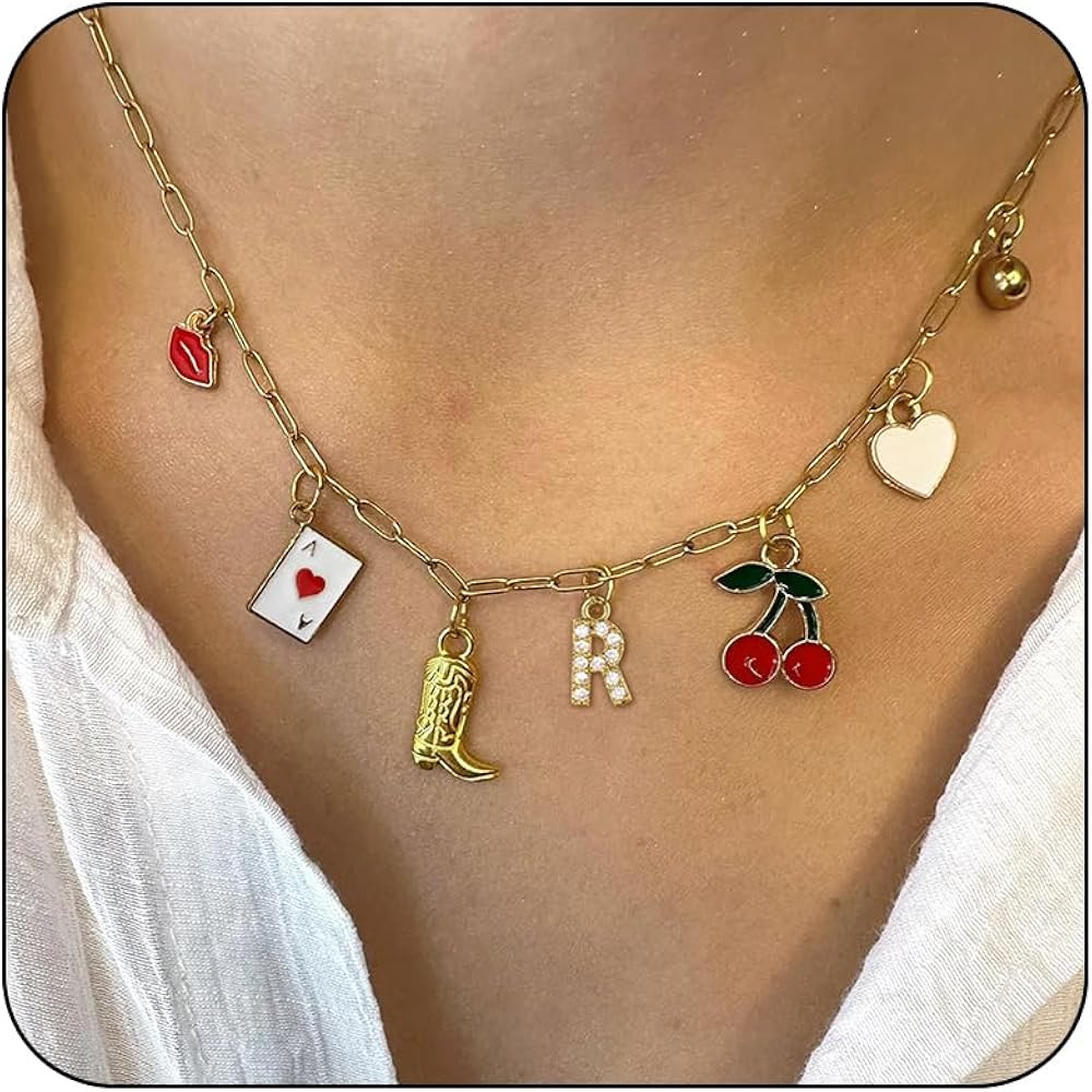 Initial Charm Necklace for Women Beach Letter Necklace Western Cowgirl Cherry Heart Charms Fruit ... | Amazon (US)