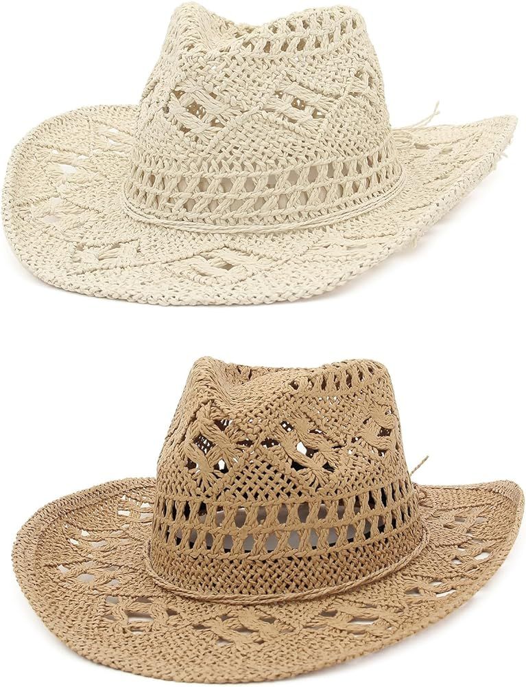 EOZY Men & Women's Summer Cowboy Cowgirl Straw Hat Hollow Out Woven Roll Up Wide Brim Hat | Amazon (US)