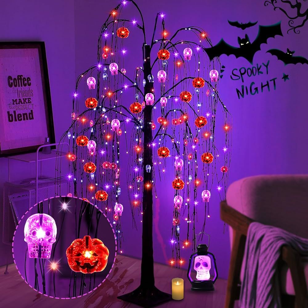 IJG 6Ft 320 LED Halloween Tree Decor Orange & Purple Lights with Timer & 8 Lighting Modes Black S... | Amazon (US)
