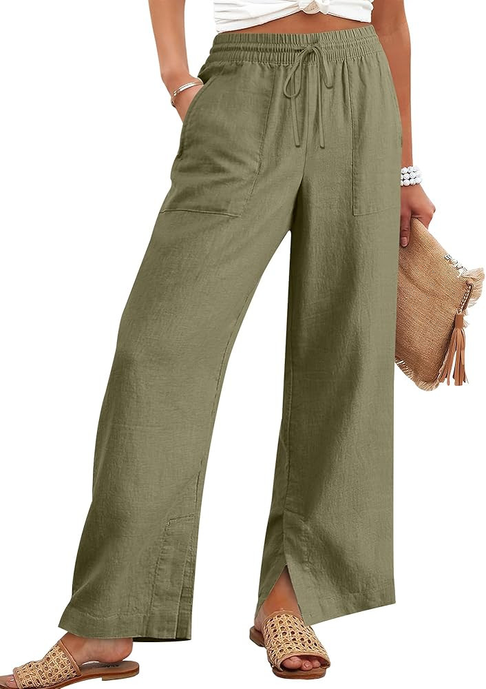 ANRABESS Womens Wide Leg Palazzo Linen Pants High Waist Split Ankle Casual Lounge Beach Vacation ... | Amazon (US)