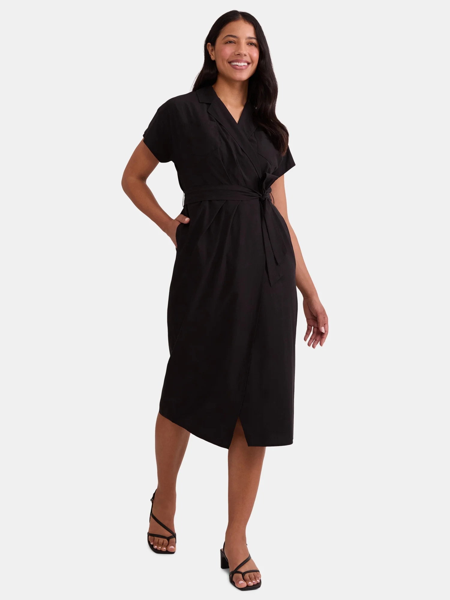 Time and Tru Women's Midi Wrap Shirt Dress, Sizes XS-XXXL | Walmart (US)