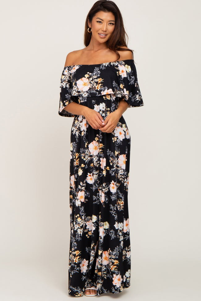 Black Floral Flounce Off Shoulder Maxi Dress | PinkBlush Maternity