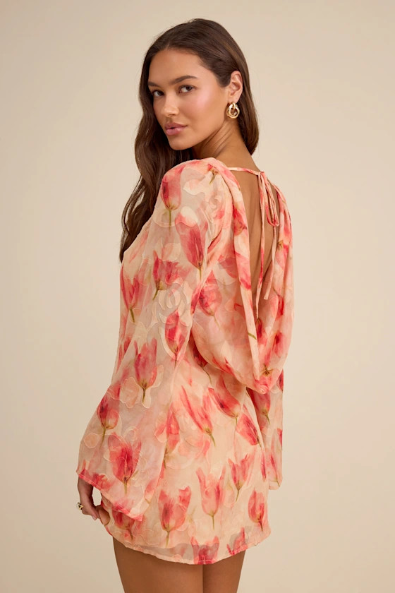 Jaleen Peach Floral Jacquard Bell Sleeve Mini Dress | Lulus