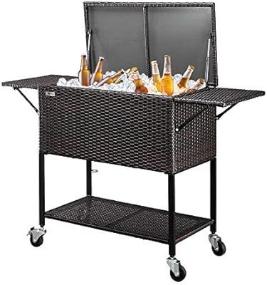 VINGLI 80 Quart Rattan Rolling Cart, Portable Wicker Cooler Trolley, Beverage Bar for Patio Pool ... | Amazon (US)