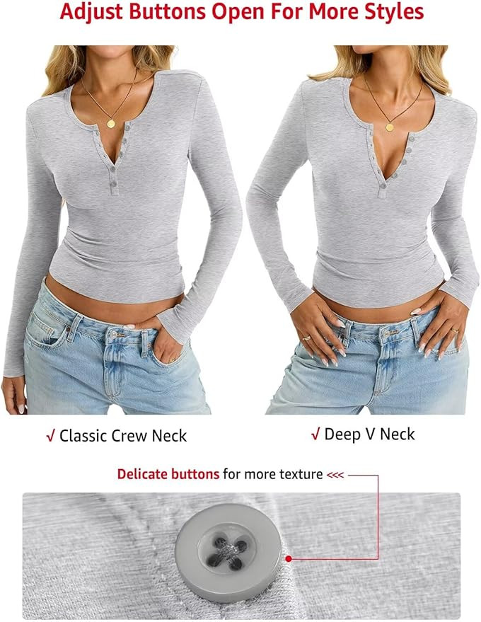 Womens Cotton Long Sleeve Shirts V Neck Henley Tops Slim Fit Basic Going Out Tshirts Fall Fashion... | Amazon (US)