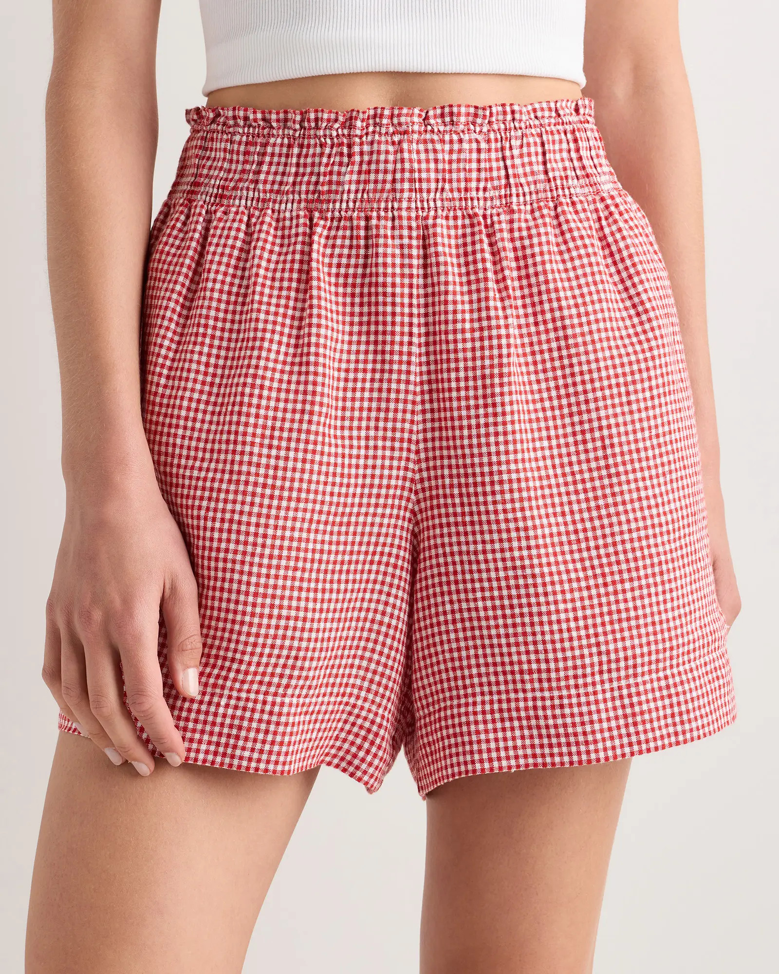 100% European Linen High Waisted Short  in Red Classic Mini Gingham | Quince