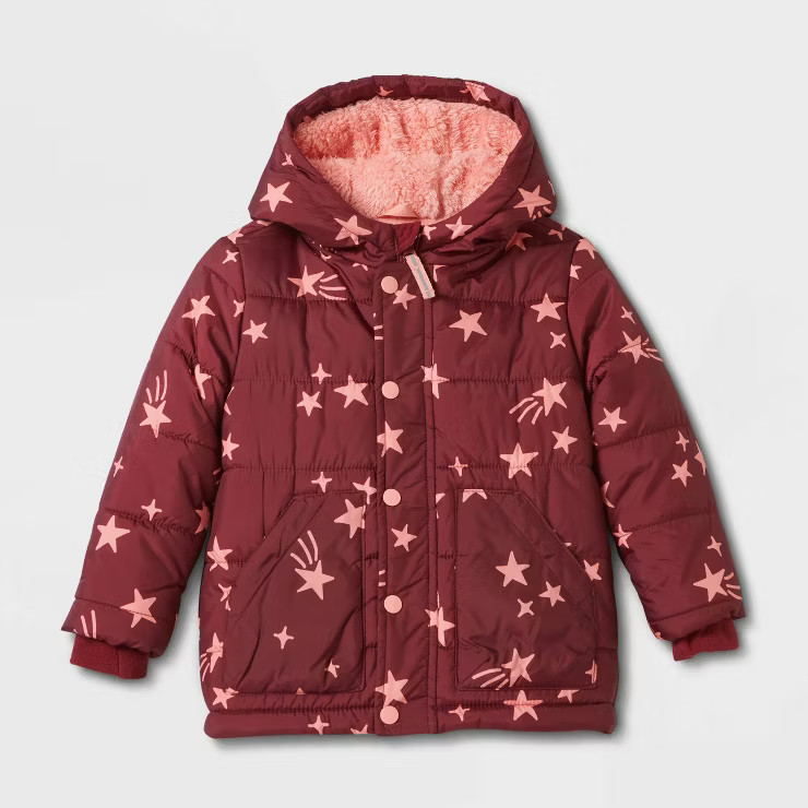 Toddler Girls' Star Long Sleeve Puffer Jacket - Cat & Jack™ Maroon | Target
