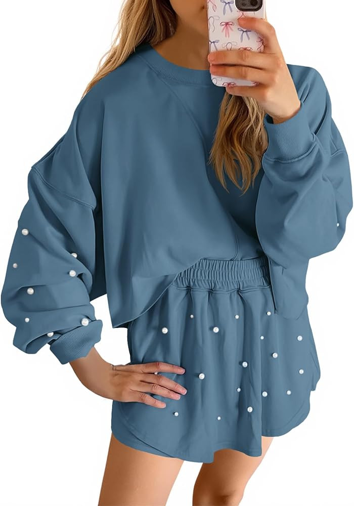 Fisoew Womens Lounge Sets 2 Piece Outfits Decor Pearl Long Sleeve Sweatshirt Skort Skirt Tracksui... | Amazon (US)