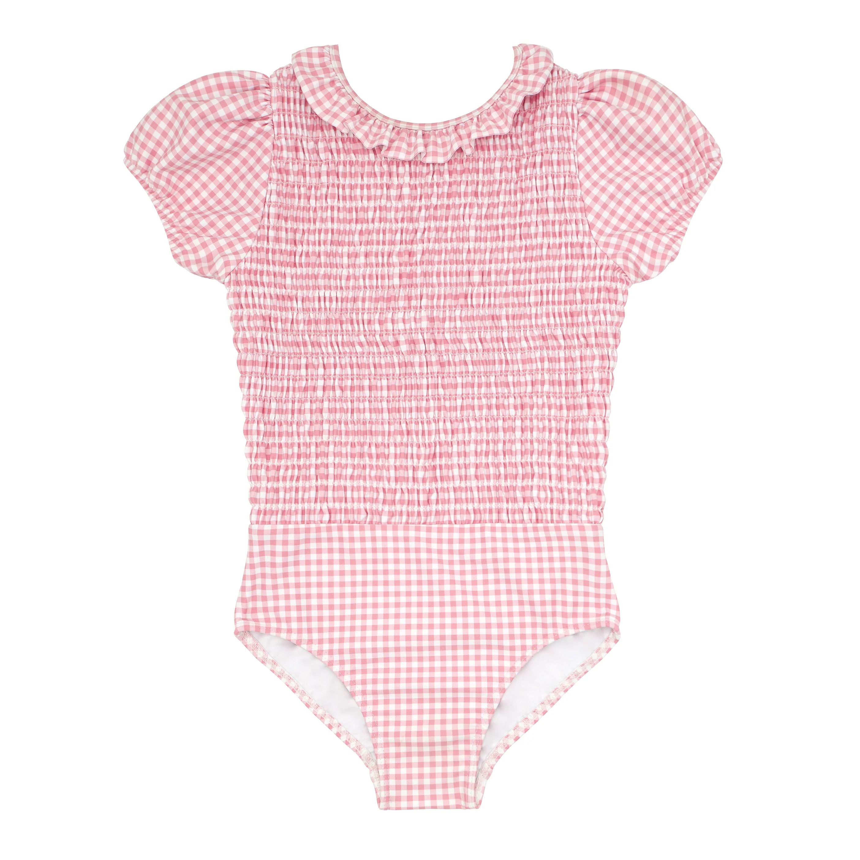 girls pink guava gingham puff sleeve smocked one piece with ruffle col | minnow
