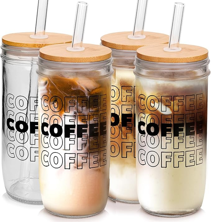 Iced Coffee Mason Jar Cup, Iced Coffee Mason Jar Cups with Lids and Straws, Iced Coffee Glasses C... | Amazon (US)
