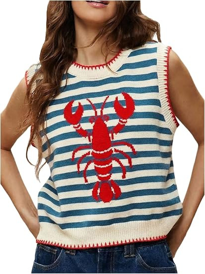 Verdusa Women's Lobster Crochet Tank Tops Sweater Vest Sleeveless Knit Tops Funny Shirts | Amazon (US)