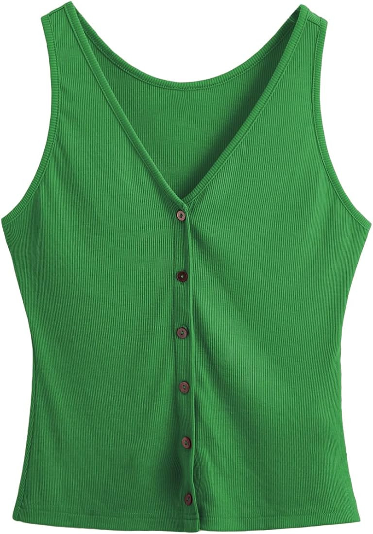 SweatyRocks Women's Sleeveless Button Front V Neck Racerback Ribbed Knit Slim fit Solid Tank Top | Amazon (US)
