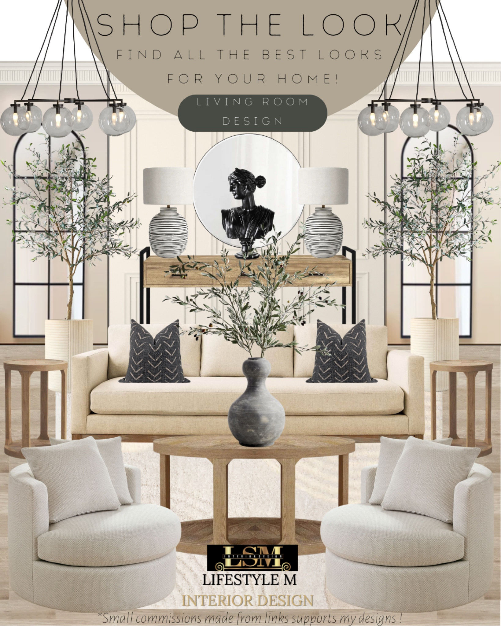 Modern farmhouse living room idea. Recreate the look at home with these home furniture and decor finds. Beige sofa, accent arm chair, modern living room rug, black ceramic vase, faux fake stem plant, black throw pillow, Target round wood coffee table, round wood end table, wood metal frame console table, white table lamp, black, black bust decor, ceramic tree planter pot, faux fake tree, living room chandelier, round mirror.

#LTKhome #LTKstyletip #LTKFind