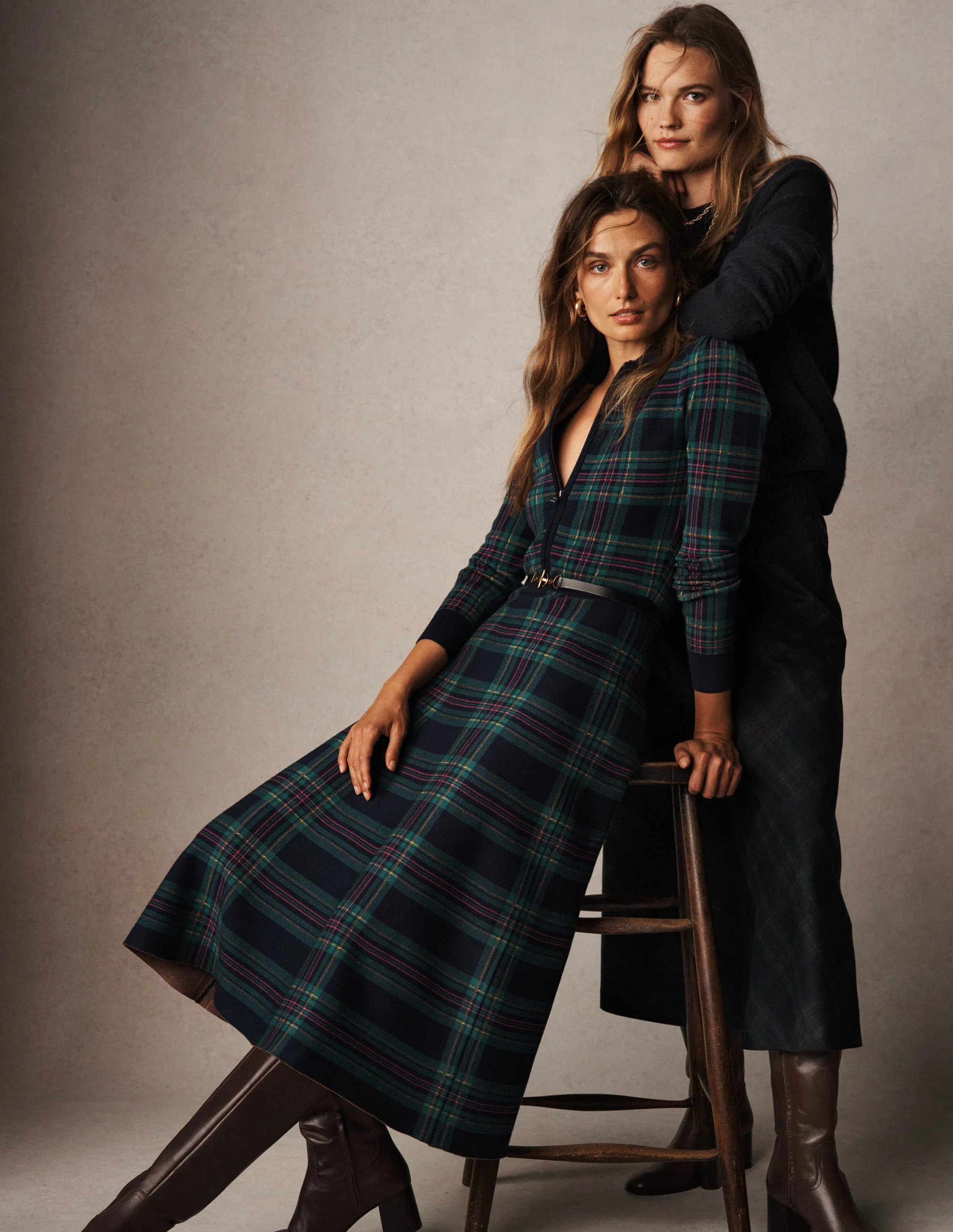 Fiona Zip Front Knitted Dress-Green Check | Boden UK