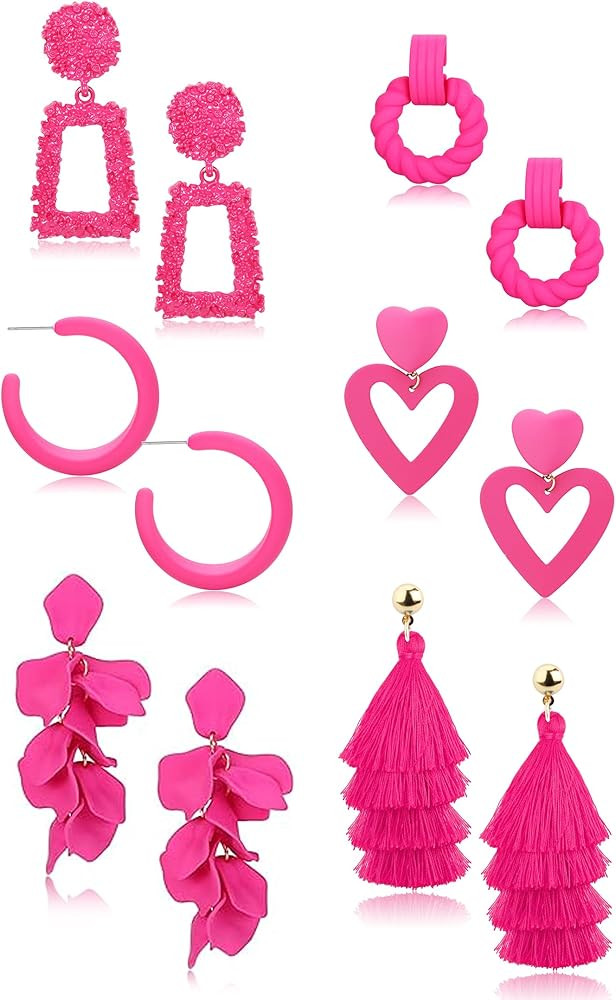 FIBO STEEL 6 Pairs Hot Pink Earrings for Women Dangling Drop Earrings Dangle Geometric Double Hea... | Amazon (US)