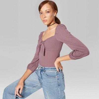 Women's Puff Long Sleeve V-Neck Front Knot Top - Wild Fable™ | Target
