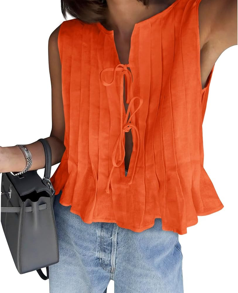 Cicy Bell Womens Bow Front Tie Tank Tops Pleated Sleeveless Babydoll Shirts | Amazon (US)