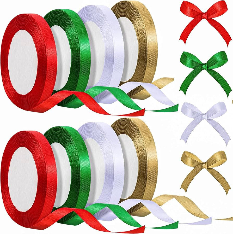 Xinnun 200 Yards Christmas Satin Ribbon Wrapping Ribbon 8 Rolls Christmas Polyester Ribbon 3/8 In... | Amazon (US)