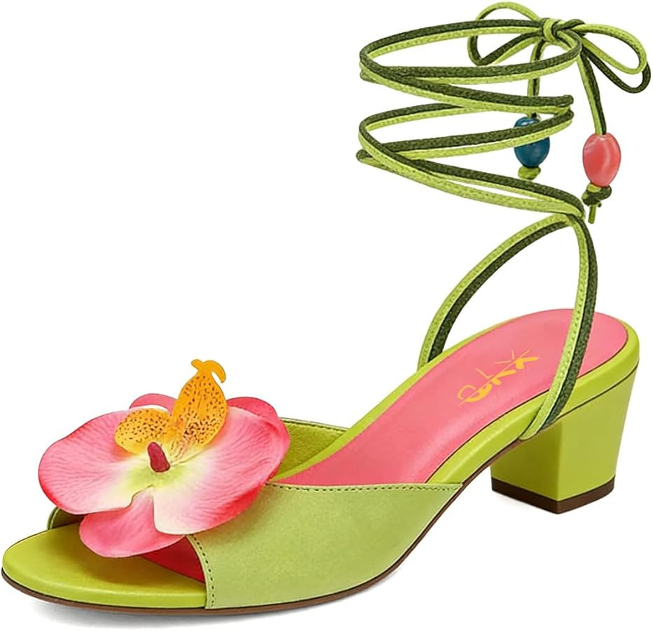 XYD Women's Flower Lace Up Block Low Heeled Sandals Open Toe Ankle Wrap Summer Shoes for Vacation Party Dress | Amazon (US)