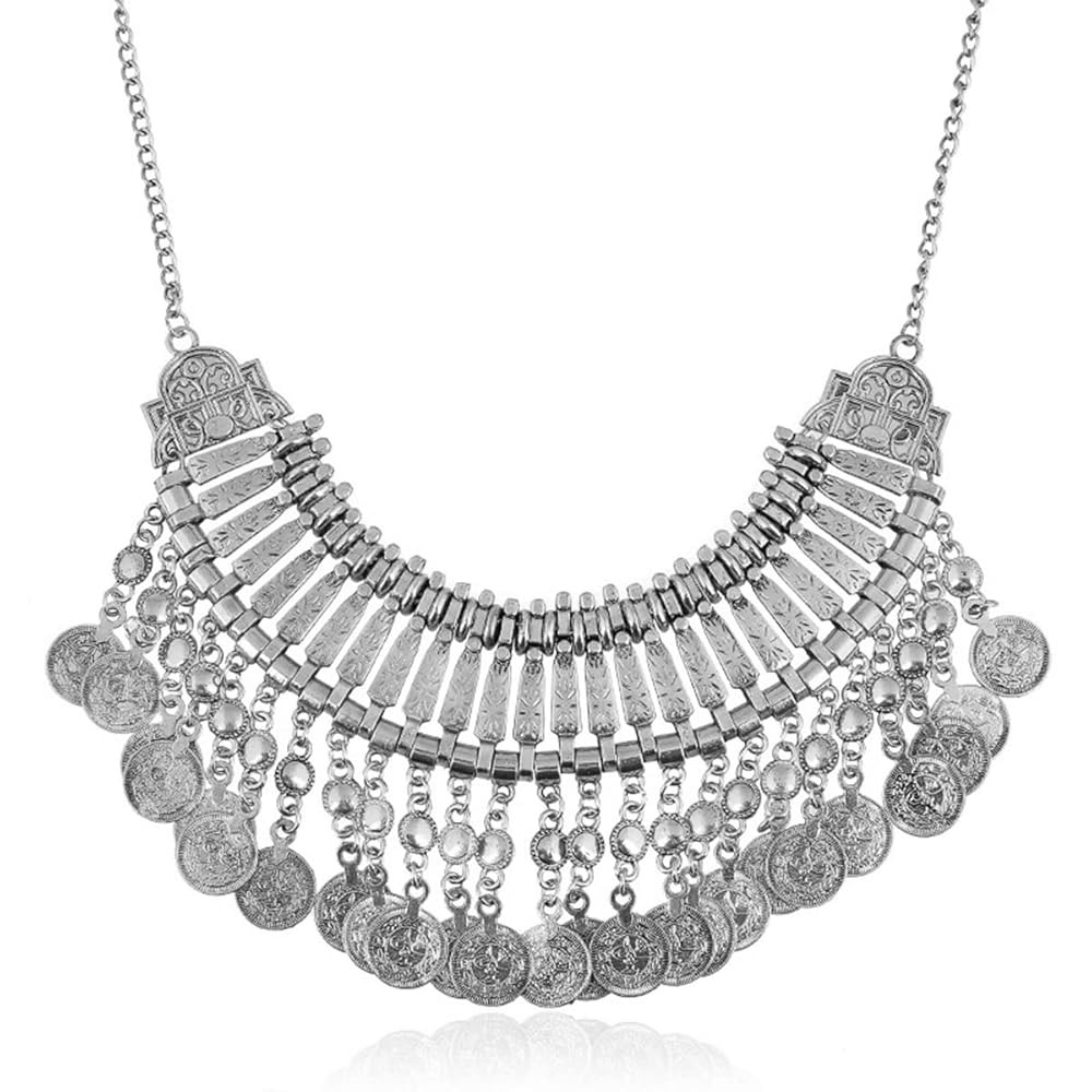 Long Tassel Chunky Boho Coin Statement Necklace For Women Silver | Amazon (US)