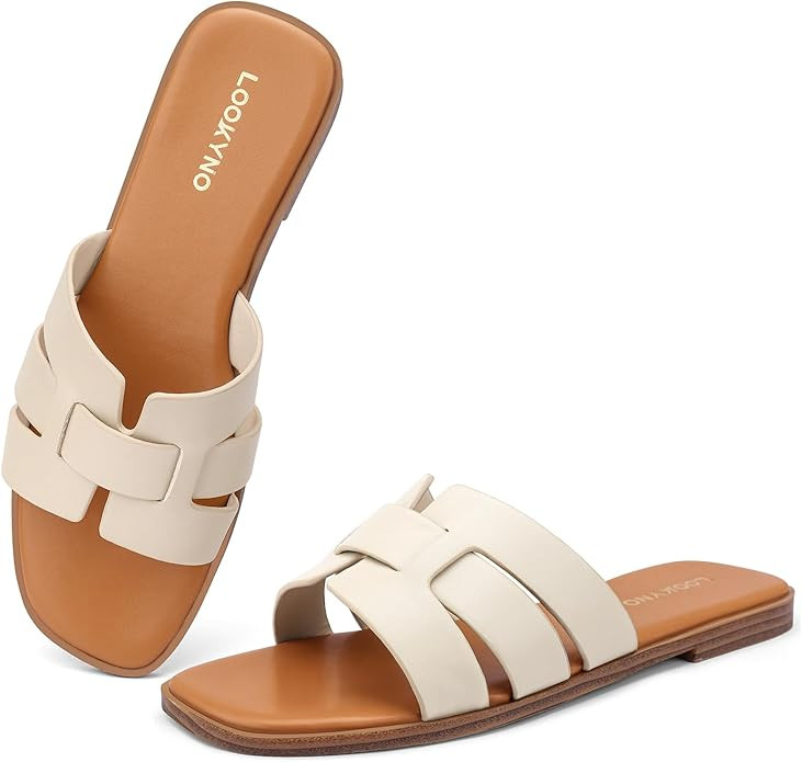 Flat Sandals for Women Comfortable Slip On Dressy Summer Leather Slides with Square Open Toe | Amazon (US)