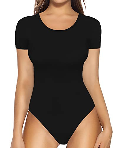 MANGOPOP Short Sleeve Body Suits Women Round Neck Bodysuits for Women Ribbed Bodysuit Shirts | Amazon (US)