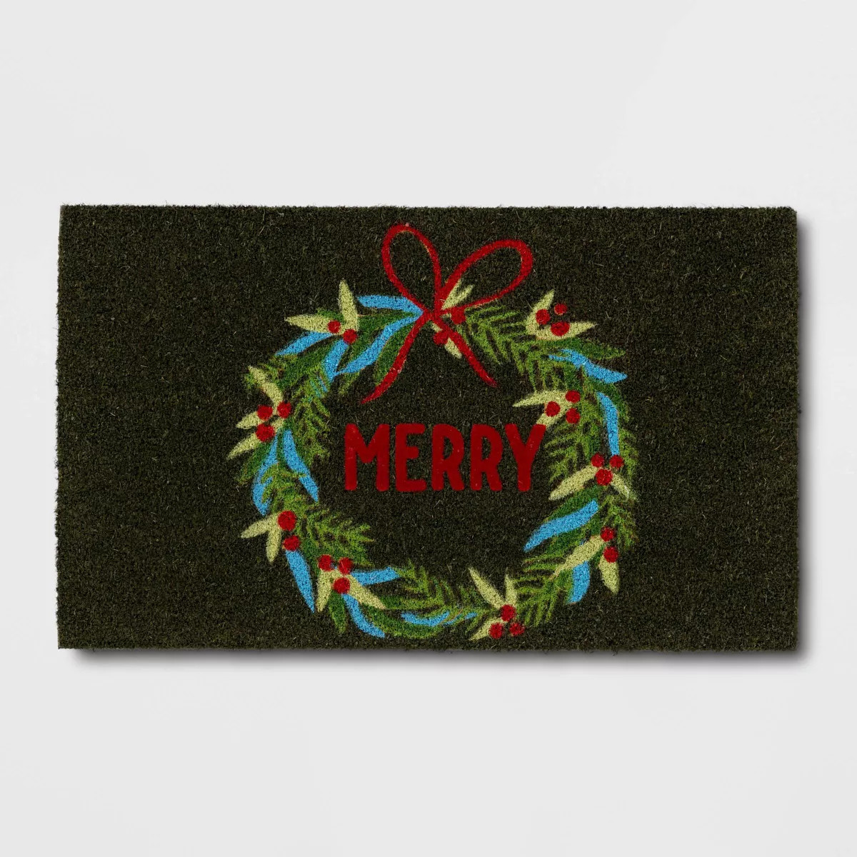 1'6"x2'6" Christmas 'Merry' Wreath Flocked Coir Doormat Red/Green - Wondershop™ | Target