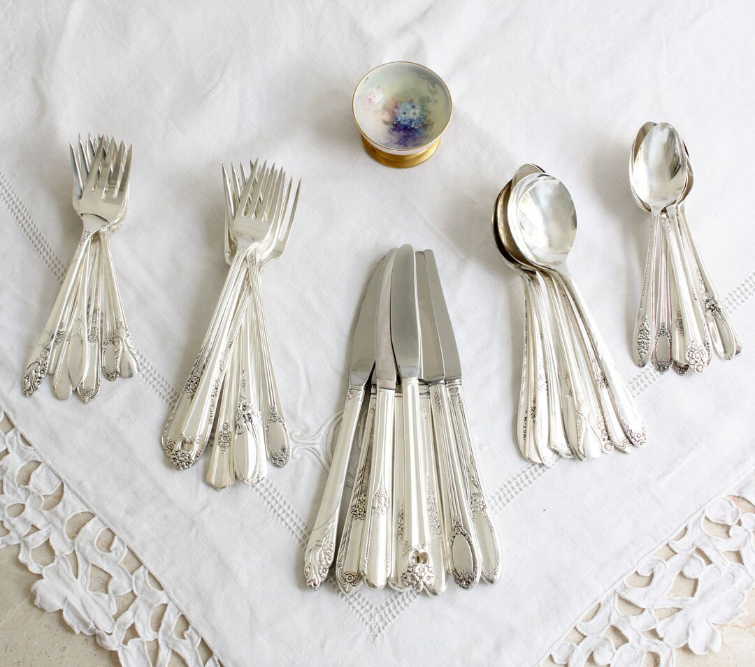 Mixed Silver Plated Cutlery Set Vintage Curated Art Deco pattern Silverware Service for 4 8 12 | Etsy (US)