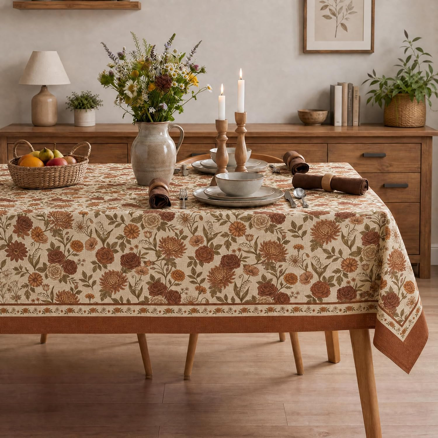 Horaldaily Linen Texture Tablecloth 60"×120" Rectangle,Boho Floral Caramel | Amazon (US)