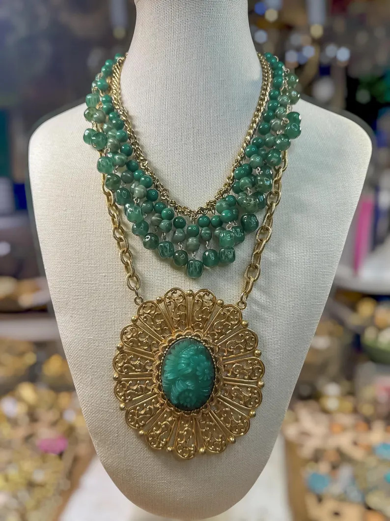 The Paloma | Vintage Layered Collectible Necklace | Vintage Japanese Filigree Pendant | Green Bea... | Etsy (Global)