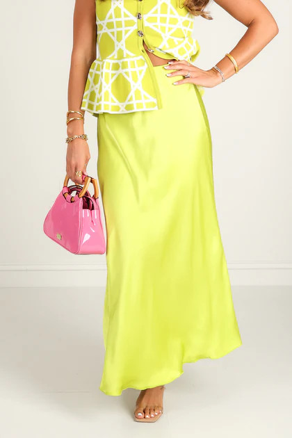 TWT\u00ae  Gwen Lime Satin Midi Skirt | The Willow Tree