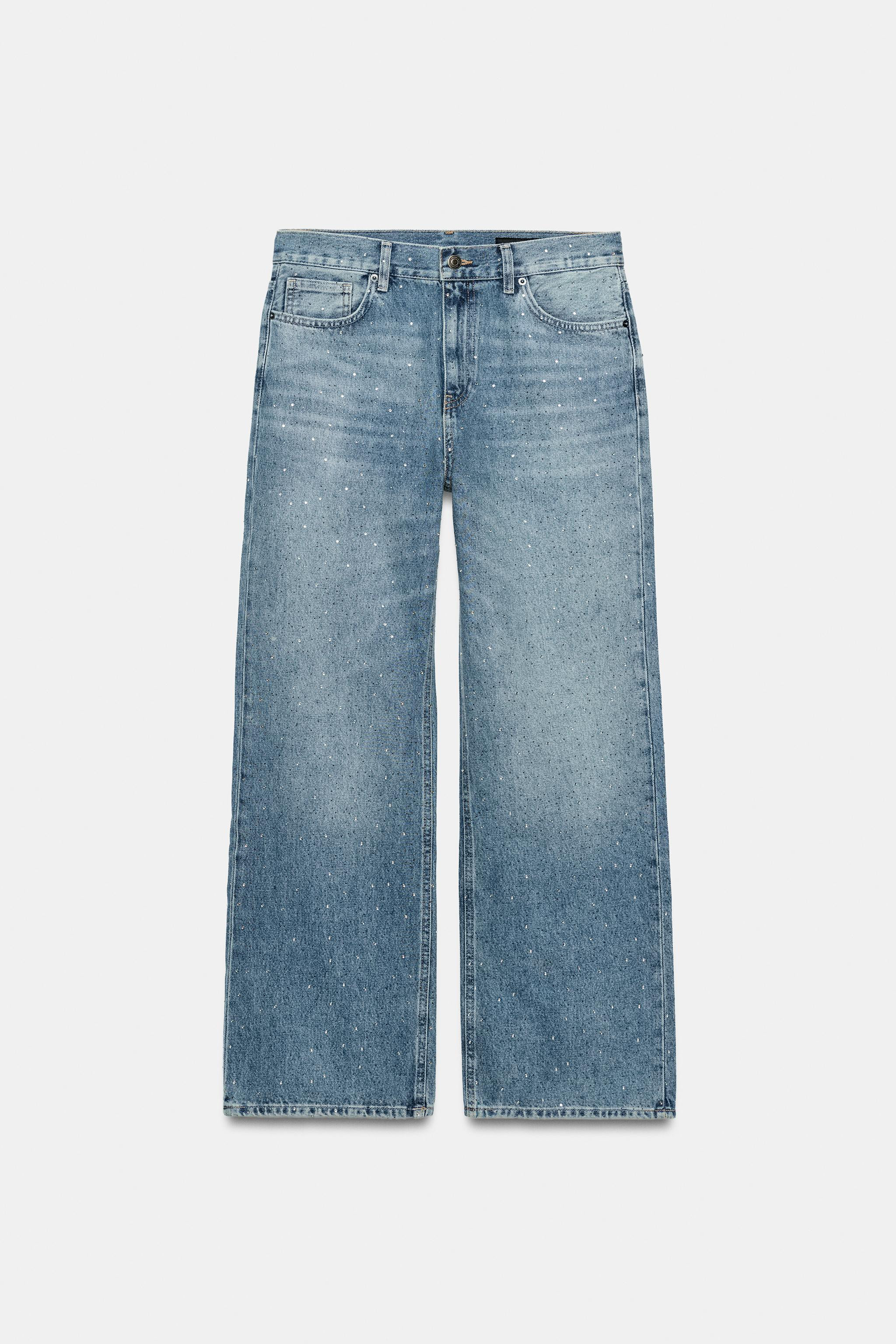 ZW COLLECTION MID-RISE WIDE LEG RHINESTONE JEANS | Zara US