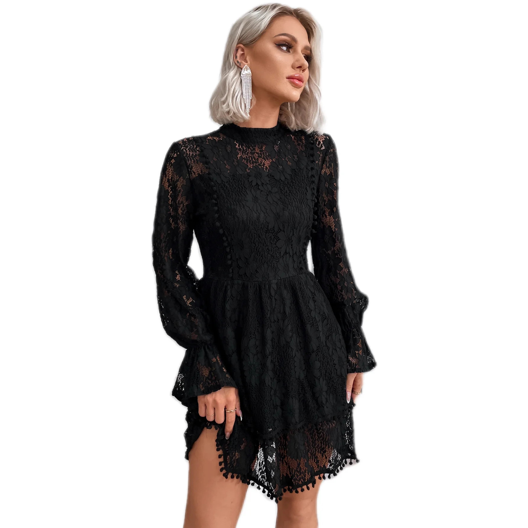 Eilly Bazar Women's Lace Dresses Knee-length with Mock Neck Flounce Sleeve Black Sizes from XS to... | Walmart (US)