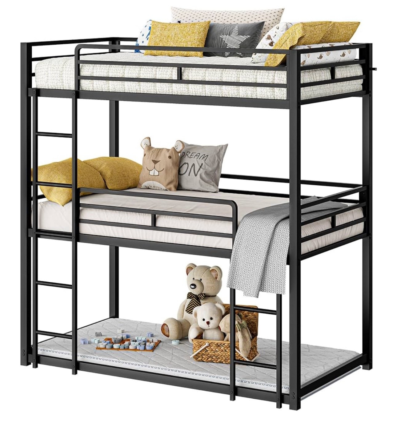 LIKIMIO Bunk Bed, Triple Bunk beds Twin Over Twin Over Twin with 2 Ladders, Metal Frame with Guardrails for Bedroom, No Box Spring Needed

#LTKFamily #LTKKids #LTKHome