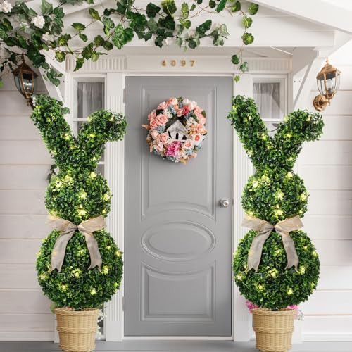BrightRow 2 Pcs 31.5 Inch Easter Artificial Bunny Shaped Topiary Trees with Ground Spike, Spring Faux Boxwood Topiary Rabbit Bushes Potted Fake Shrubs for Garden Patio Front Porch Indoor Outdoor Decor | Amazon (US)