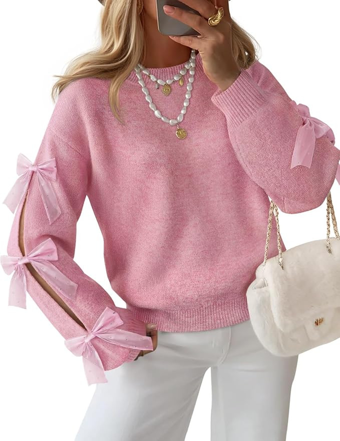 ZESICA Women's Oversized Bow Sweaters Fall 2026 Cute Crewneck Long Sleeve Knit Pullover Sweater J... | Amazon (US)