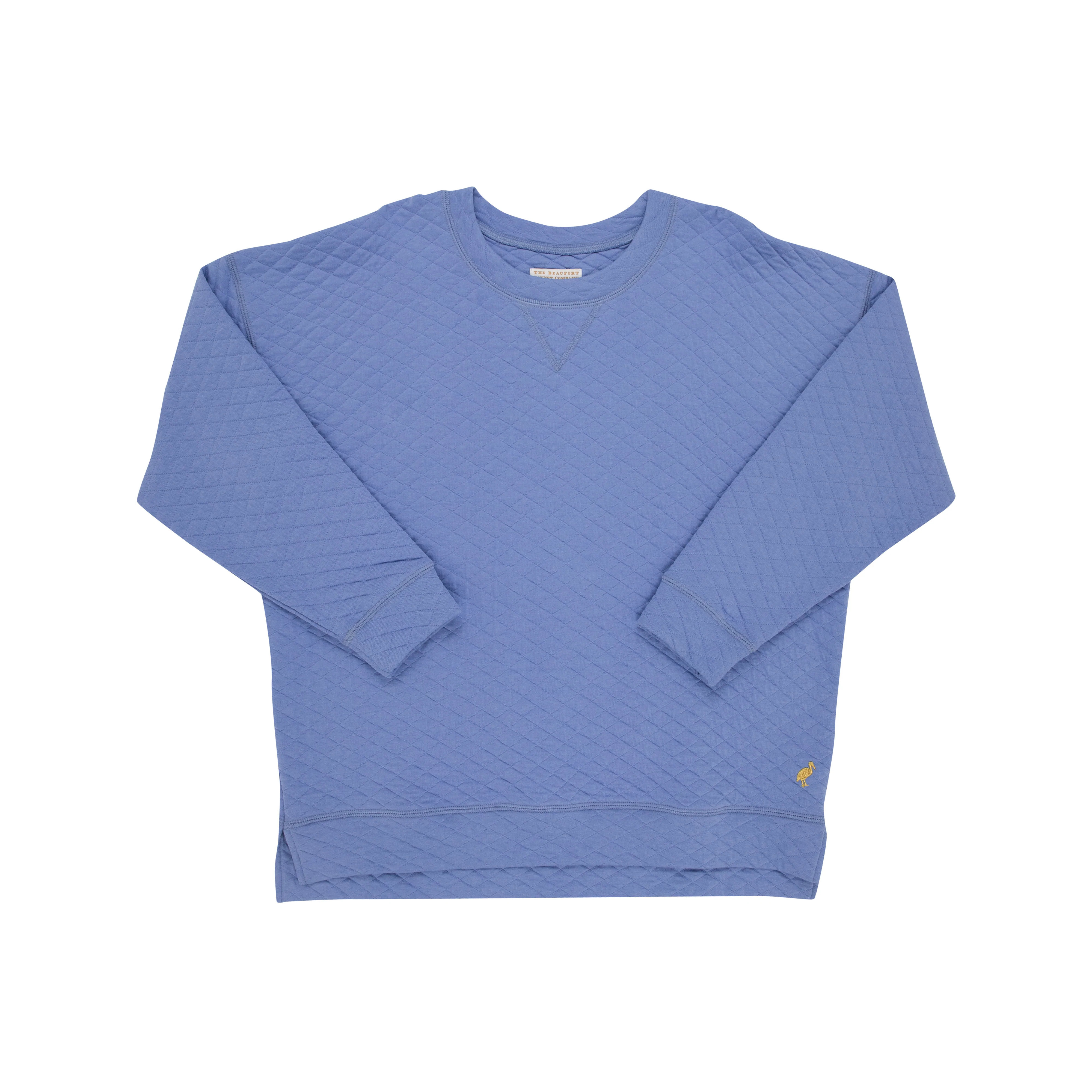 Cassidy Comfy Crewneck (Ladies) - Park City Periwinkle Quilted with Gold Stork | The Beaufort Bonnet Company