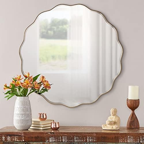 MOTINI 30" Gold Round Beveled Mirrors Wall Mounted Flower-Like Stainless Steel Brass Frame Bathroom  | Amazon (US)