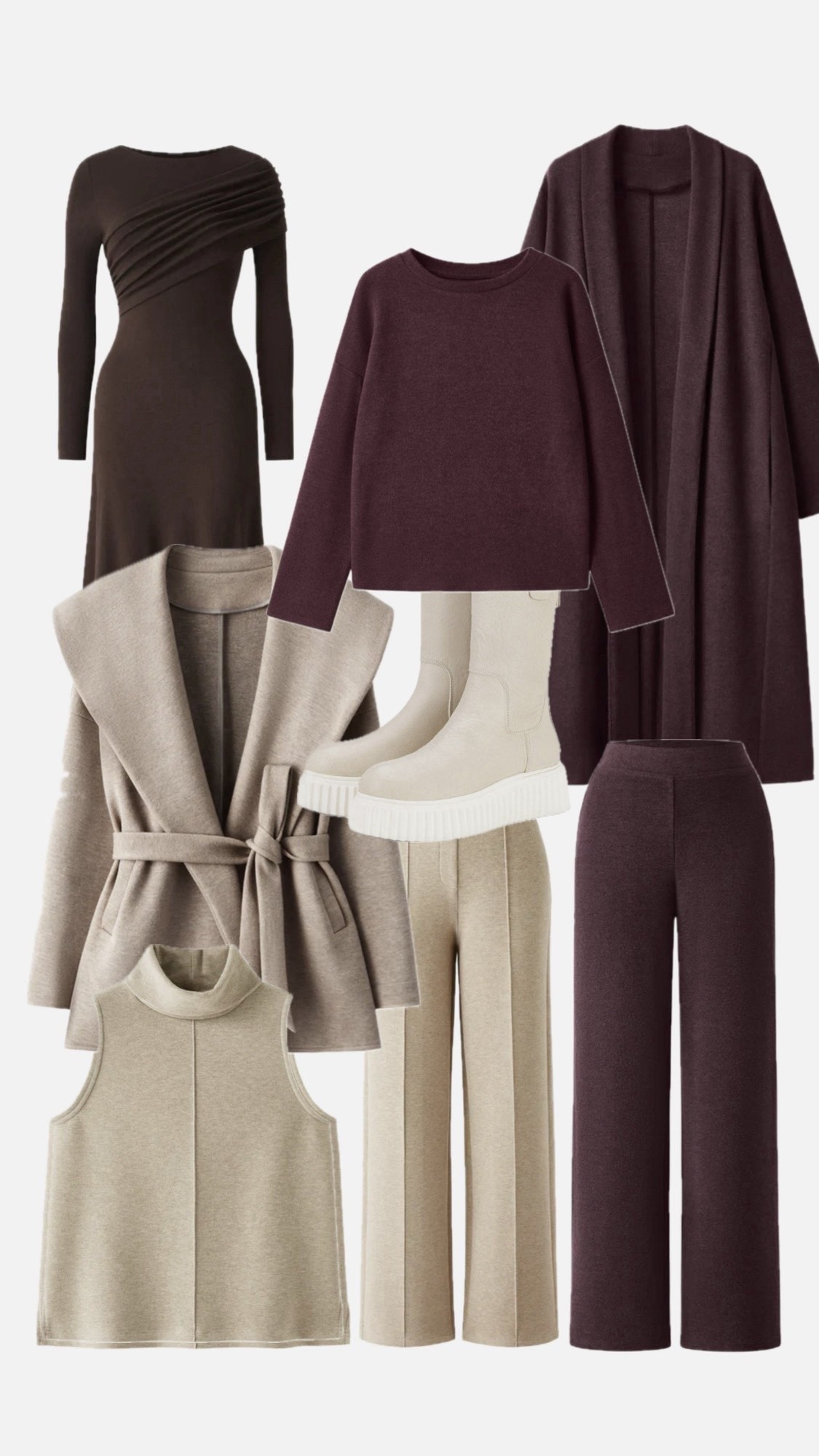 🤍 Outfit 1: Ein super kuscheliges Rollkragen-Top in hellem Beige, kombiniert mit einer passenden Hose und einer traumhaften Jacke mit ausgefallenem Kragen und Gürtel – elegantes Winterfeeling pur.
🤎 Outfit 2: Ein raffiniert gearbeitetes braunes Midi-Kleid, das mit seiner Silhouette einfach jede Winterkulisse veredelt.
🍷 Outfit 3: Eine Burgundy-Kombi aus weiter Hose, Longsleeve und einem herrlich weichen Sweatmantel – gemütlich, modern und absolut edel. 

#LTKeurope #LTKdeutschland #LTKstyletip