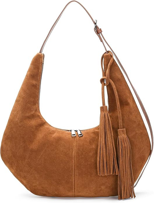 Herald Tassel Suede Hobo Shoulder Bag for Women, Retro Slouchy Crescent Crossbody Purse Handbag w... | Amazon (US)