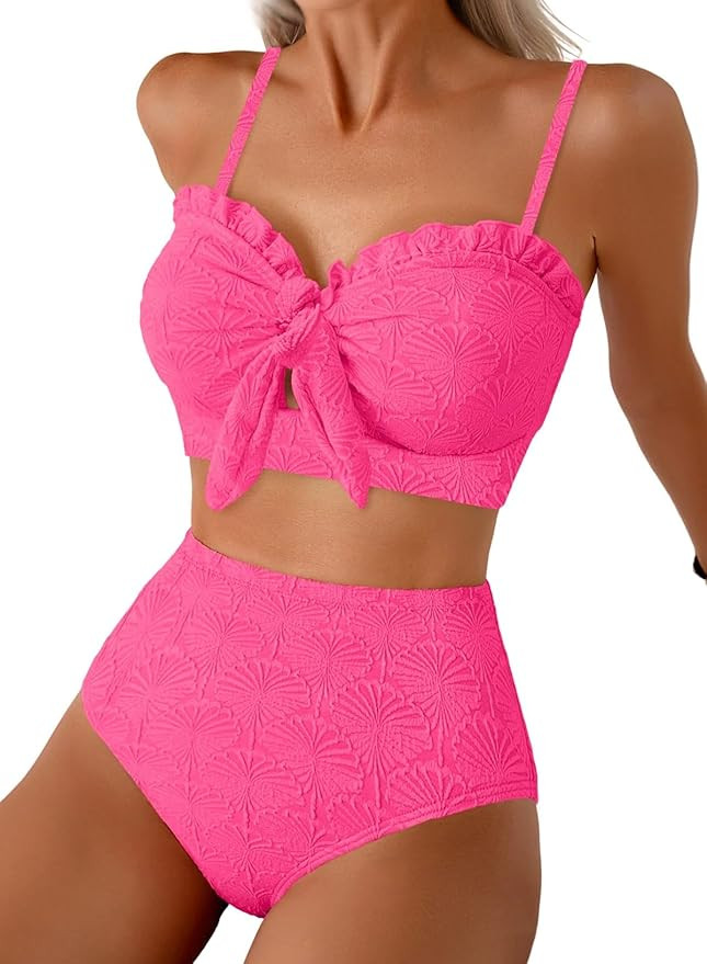 Women's Seashell Textured Bikini Sets Knotted Front 2 Piece Swimsuits Ruffle Trim Bathing Suits | Amazon (US)