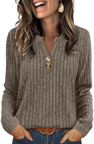 SAMPEEL Womens Sweaters Lightweight Long Sleeve Shirts V Neck Tops with Button Fall Outfits 2025 | Amazon (US)